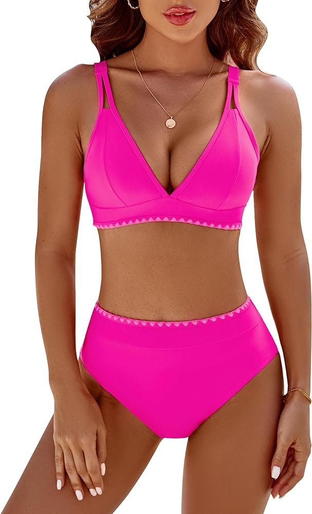 BMJL Women's Bikini Sets V Neck High Waisted Swimsuits Shell Stitched Cheeky Two Piece Bathing Suit