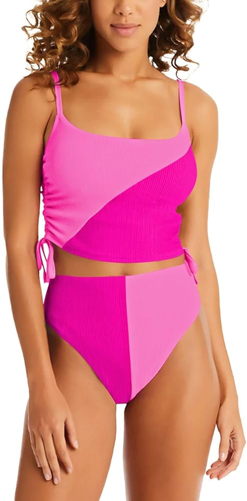 Pink Queen Women's 2 Piece Swimsuit Scoop Neck Ribbed Drawstring Ruched Crop Top High Waisted Bikini Sets Bathing Suit