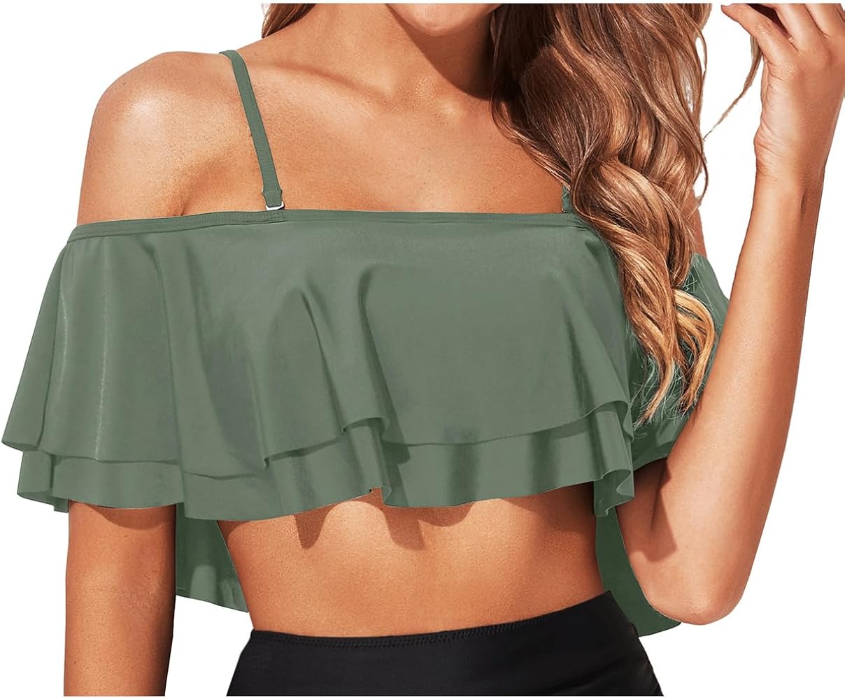 Tempt Me Ruffle Bikini Top Off Shoulder Swim Top Flounce Swimsuit Top for Women