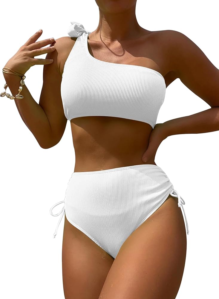 Women One Shoulder Bikini Set Ribbed High Waisted Coverage Swimsuit Drawstring Tie Side Two Piece Bathing Suit