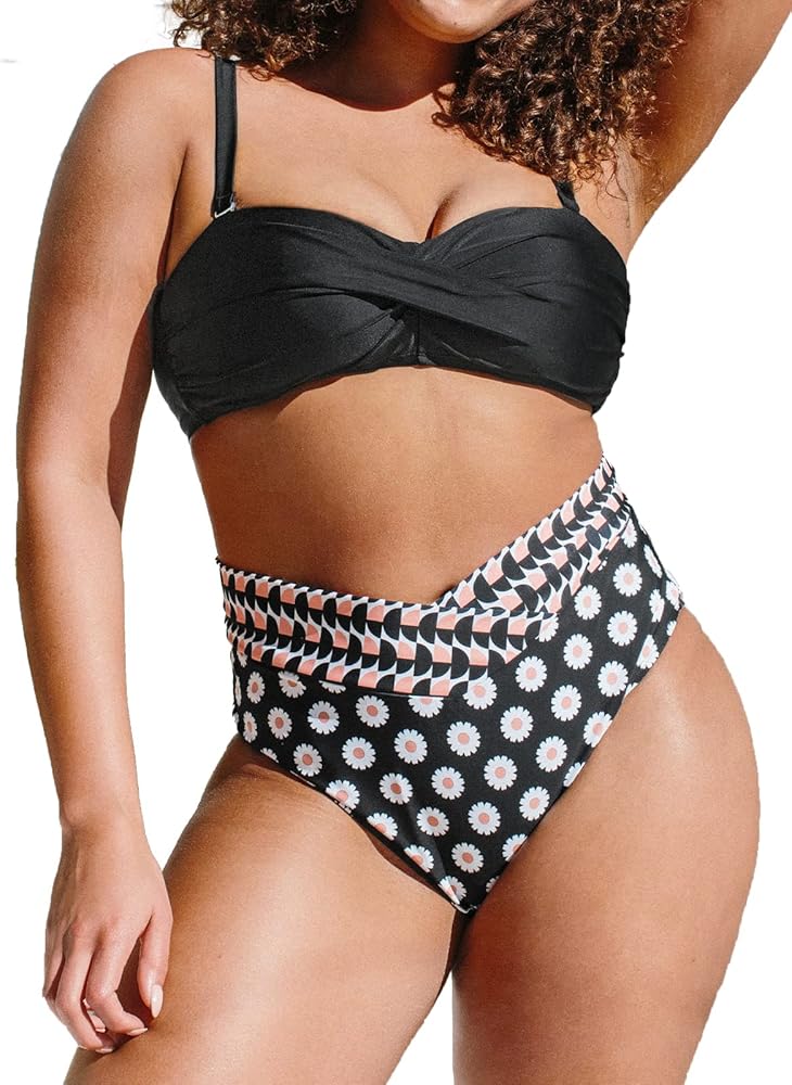 CUPSHE Plus Size Bikini Set for Women Bathing Suits High Waisted V Neck Twist Adjustable Straps Back Self Tie V Cut Bottom