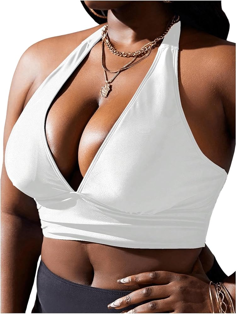 MakeMeChic Women's Plus Size Bikini Top Tie Back Halter Swimsuit V Neck Sports Bathing Suit