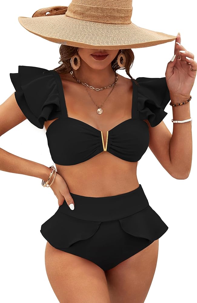 SPORLIKE Women High Waisted Swimsuit Ruffle V Neck Two Pieces Bikini Padded Bathing Suit