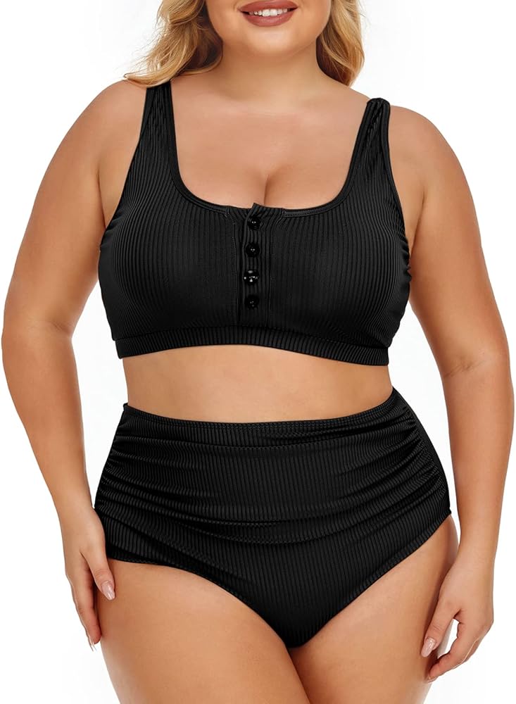 Summer Mae Plus Size Women Ribbed Bikini Set Two Piece High Waist Swimsuit Scoop Top Tummy Control Bathing Suit Swimwear