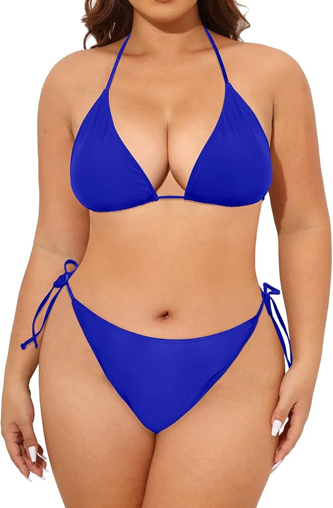 Tempt Me Women Plus Size Triangle Bikini String Two Piece Halter Tie Side Swimsuit