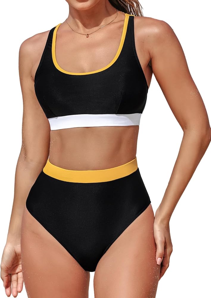 CUPSHE Women's Bikini Sets Two Piece Bathing Suit High Waisted Scoop Neck Color Block Crisscross Back Cutout Wide Straps