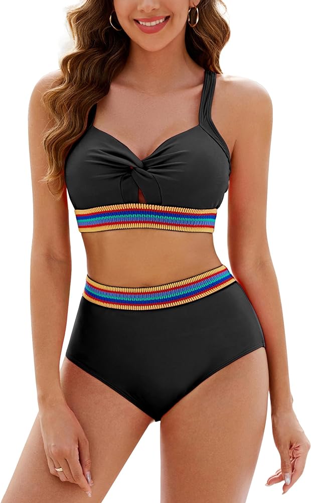 Adisputent High Waisted Bikini Sets for Women Cutout Two Piece Swimsuits 2024 Crisscross Swimwear Colorblock Bathing Suits