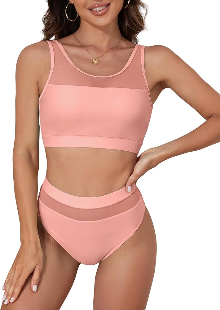 ZAFUL Women's High Waisted Tankini Scoop Neck Knotted Two Pieces Tankini Set Swimsuit