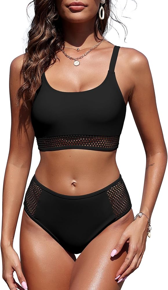 ZAFUL Women's Two Piece High Waisted Bikini Set Sporty Swimsuits Fishnet Bathing Suit with Bottom for Teen Girls