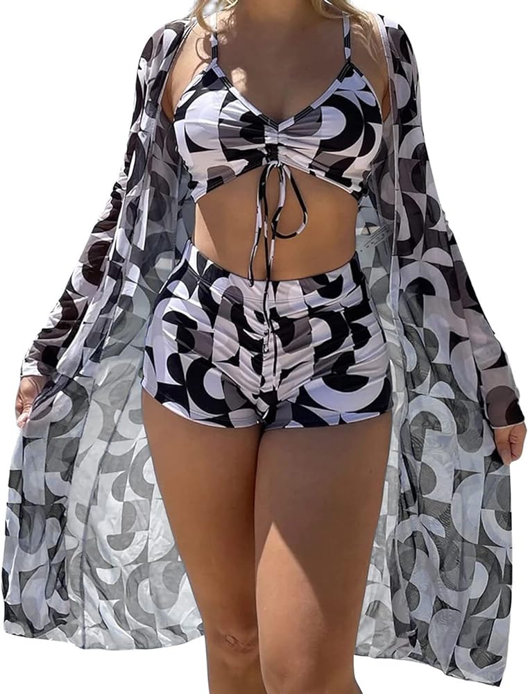 Women Printed 3 Pieces High Waist Bikini Maxi Swimsuit Cover up Sexy Split Swimsuits with Shorts Set