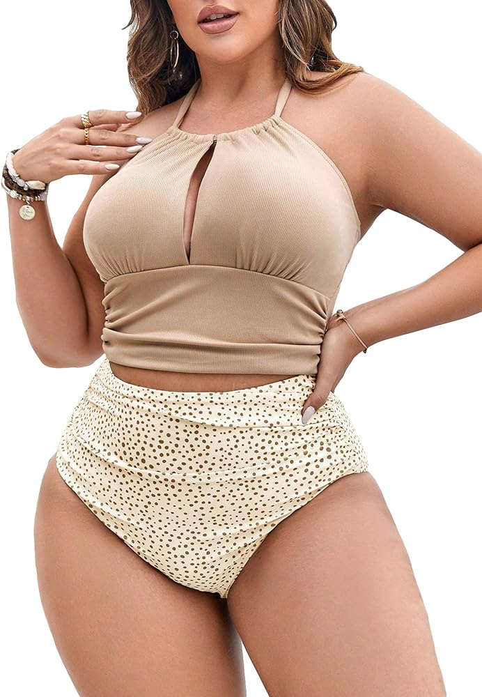 SOLY HUX Women's Plus Size Printed Halter Ruched High Waisted Bikini Set 2 Piece Swimsuit Bathing Suits