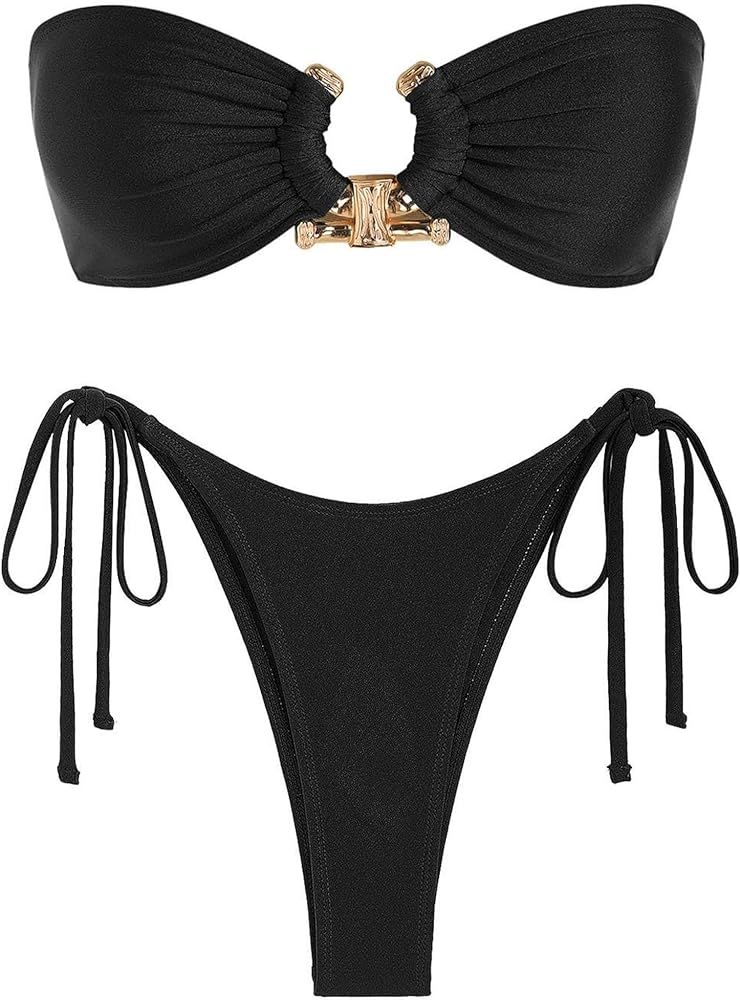 ZAFUL Women's Bandeau Bikini Shiny Metal Ring Decor Lace Up Tied Side High Cut Strapless Swimsuit