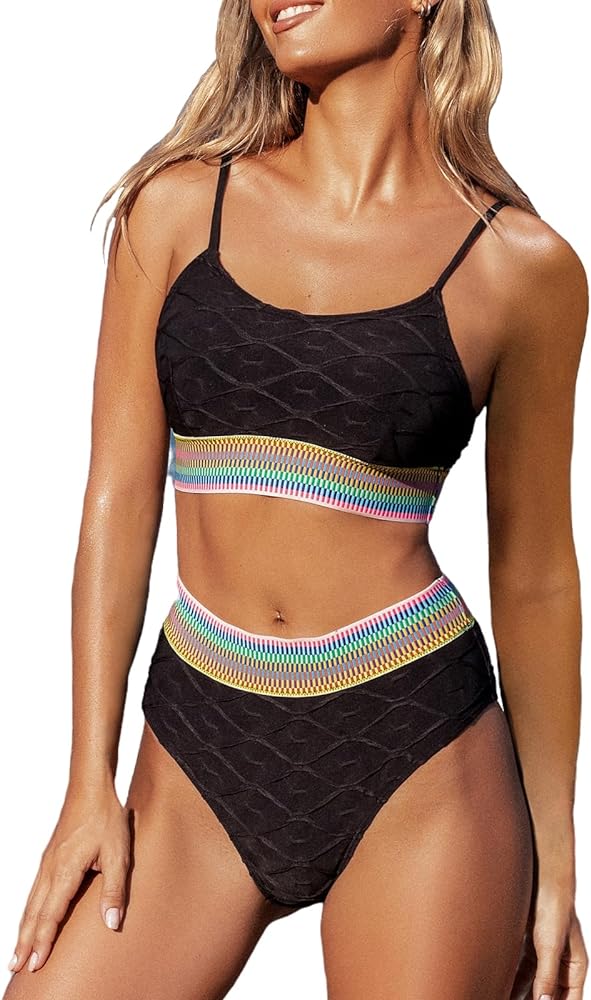 CUPSHE Women's Bikini Sets Two Piece Swimsuit High Waisted Scoop Neck Adjustable Straps Colorful Stitching