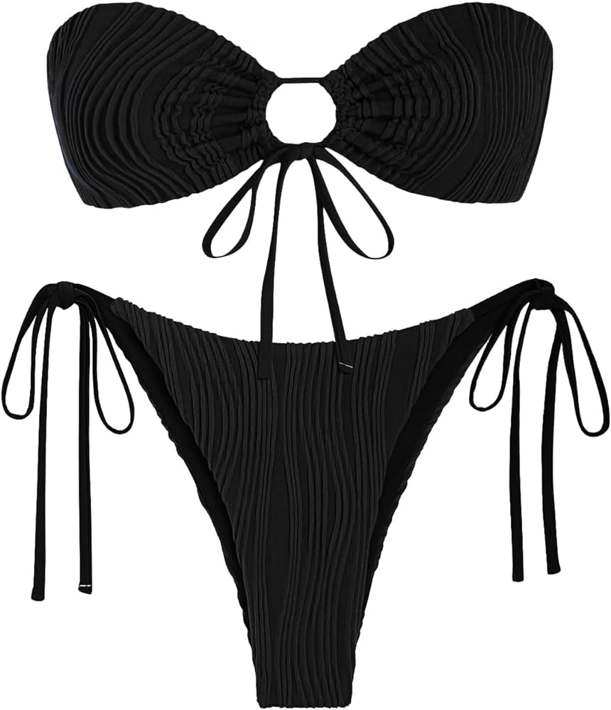 ZAFUL Women's Bandeau Bikini Set O Ring Strapless Swimsuit Tie Side Swimwear Halter Two Piece Bathing Suit