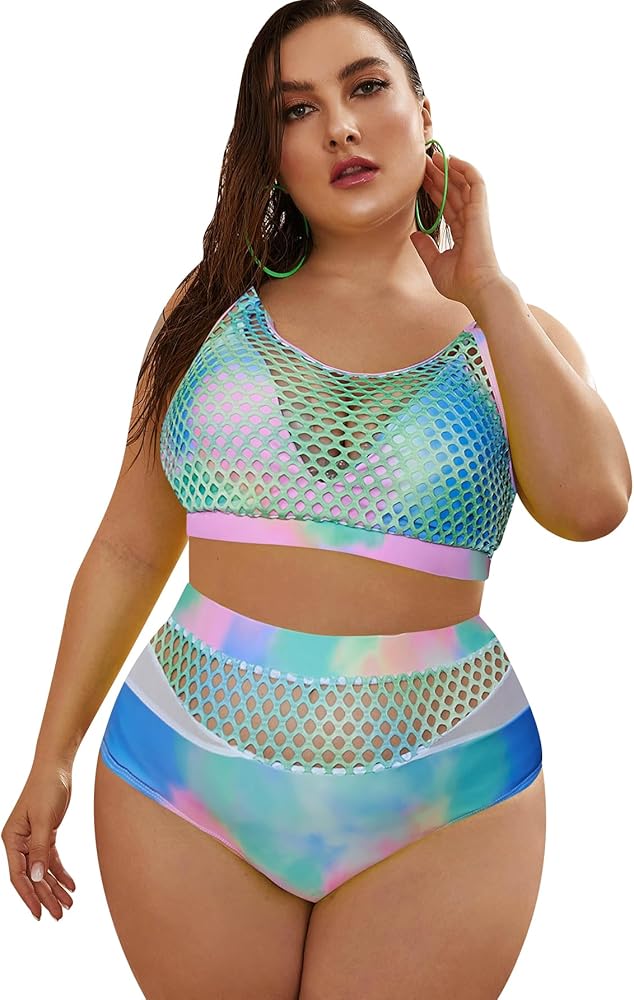 Floerns Women's Plus Size Bathing Suit Fishnet High Waist Bikini Set Rave Outfit