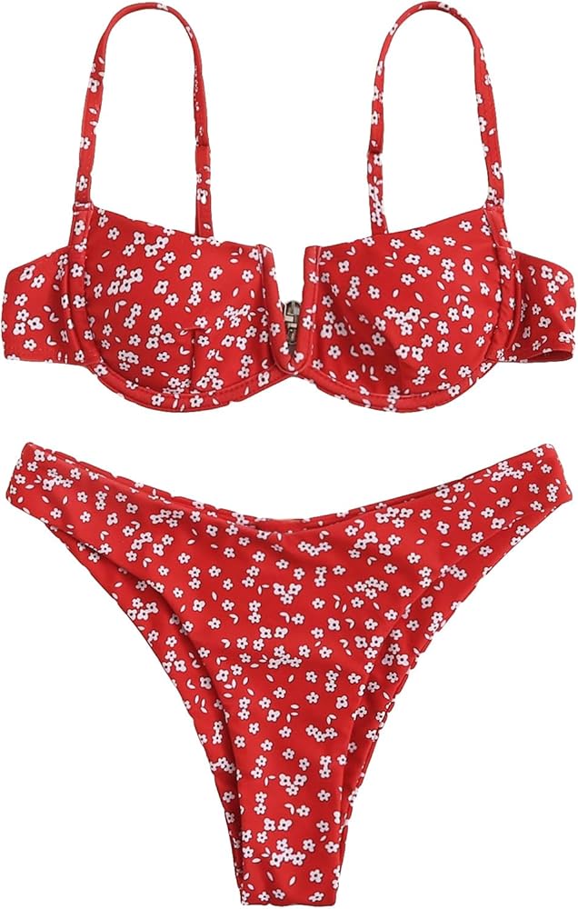 SweatyRocks Women's Sexy Bathing Suits Spaghetti Strap Floral Bikini Set Underwire Swimsuit