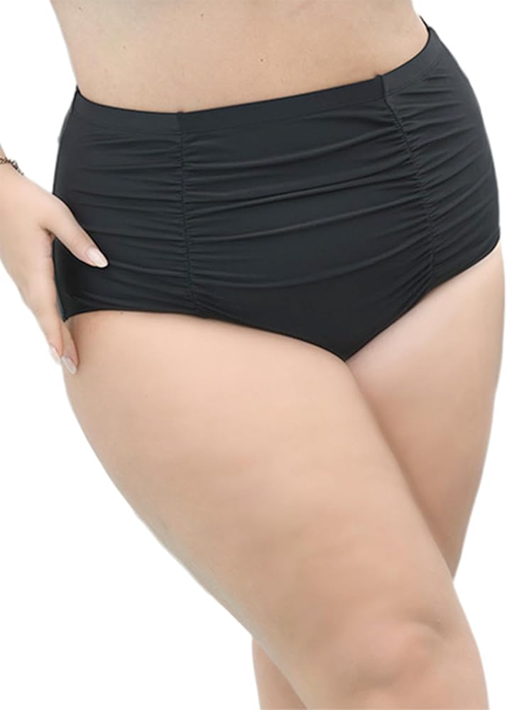 Women Plus Size Ruched High Waisted Black Bikini Bottoms Full Coverage Bikini Bottom Tummy Control Bottoms