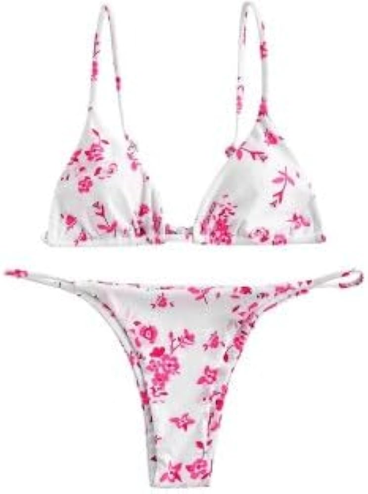 ZAFUL Women's Ditsy Floral Printed Swimsuit Underwired Knotted String Triangle Bikini High Cut Cheeky Bikini Set