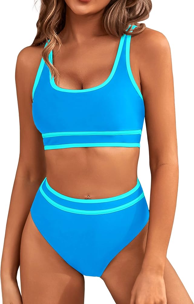 BMJL Women's High Waisted Bikini Sets Sporty Two Piece Swimsuits Color Block Cheeky High Cut Bathing Suits