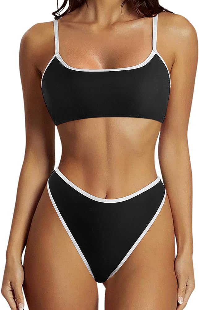 SUUKSESS Women High Waisted 2 Piece Bikini Set Cheeky High Cut Bandeau Swimsuit