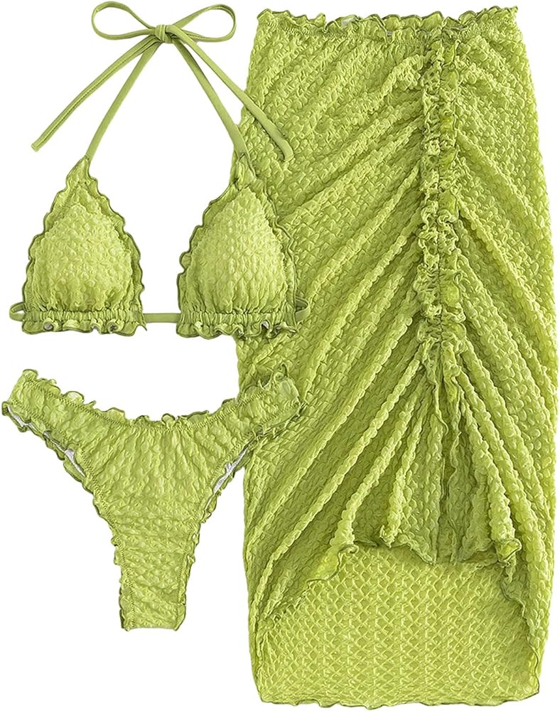 Women's 3 Piece Lettuce Trim Halter Tie Bikini Triangle Set with Cover Up Skirt Backless Swimsuit