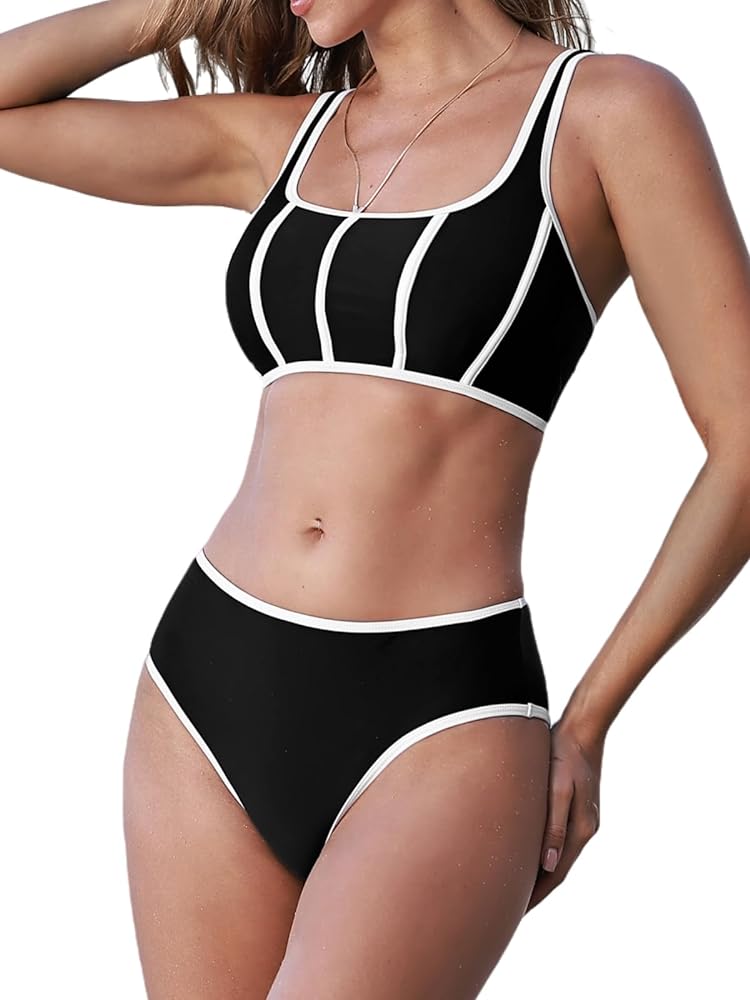 CUPSHE Women's Bikini Sets Two Piece Swimsuit Tank Top Square Neck Back Strappy Self Tie Mid Rise Color Block Push Up