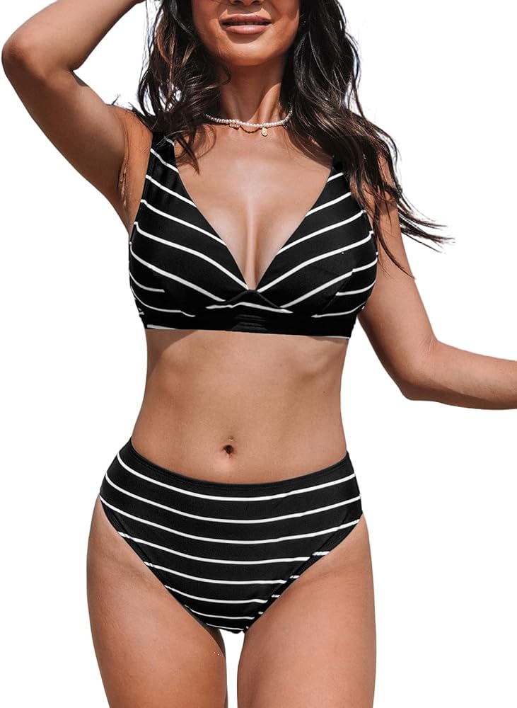 CUPSHE Women's Bikini Sets High Waisted Two Piece Swimsuit V Neck Striped Swimwear