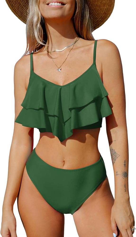 CUPSHE Women's Bikini Sets Two Piece High Waisted Swimsuit Tiered Ruffled Swimwear