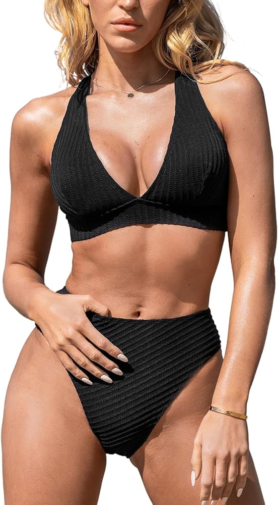 CUPSHE Women's Bikini Sets Two Piece Bathing Suit Deep V Neck Ribbed Crisscross Wide Straps Mid Rise Cheeky Bottom