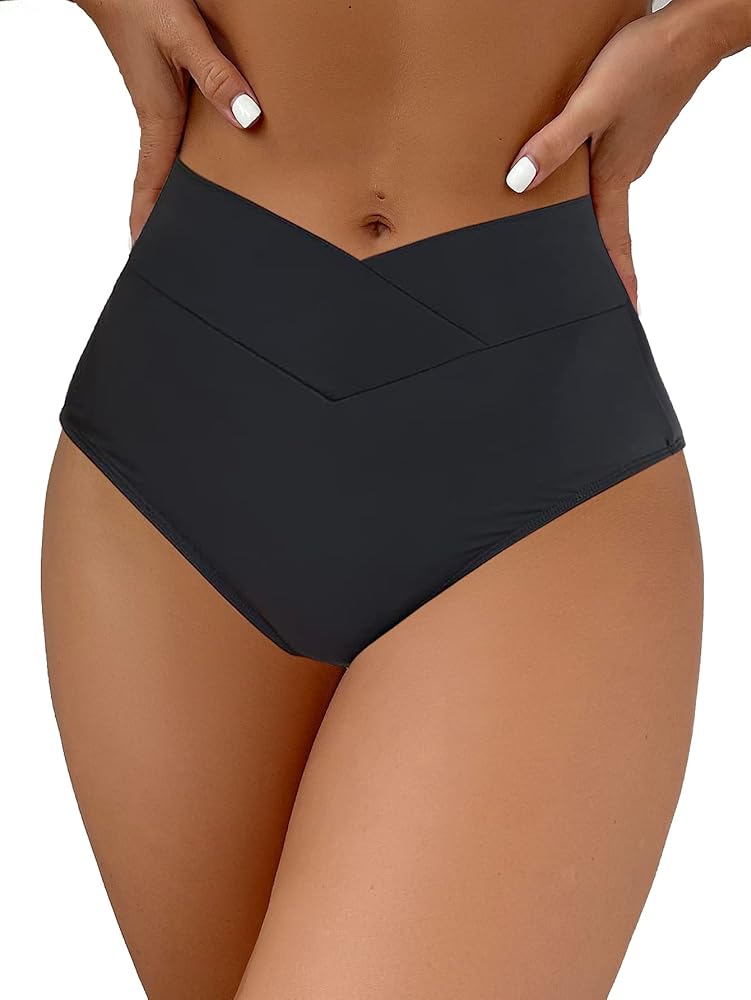 HYTENSUN Women's Bikini Bottom High Waisted V Cut Swimsuit Twist Front Cheeky Swim Bottoms