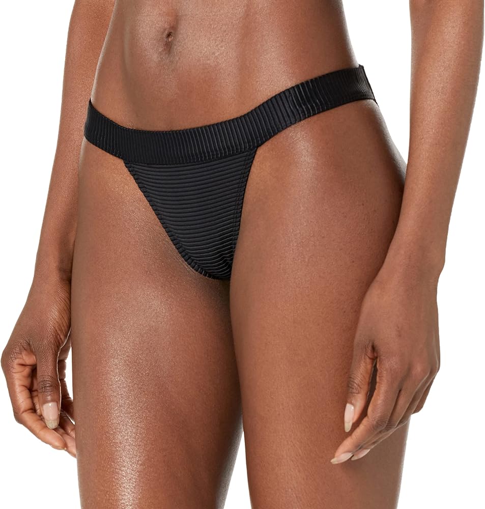 HUGO Womens Square Logo Ribbed Mid-rise Bikini Bottoms, Solid Black, Large US