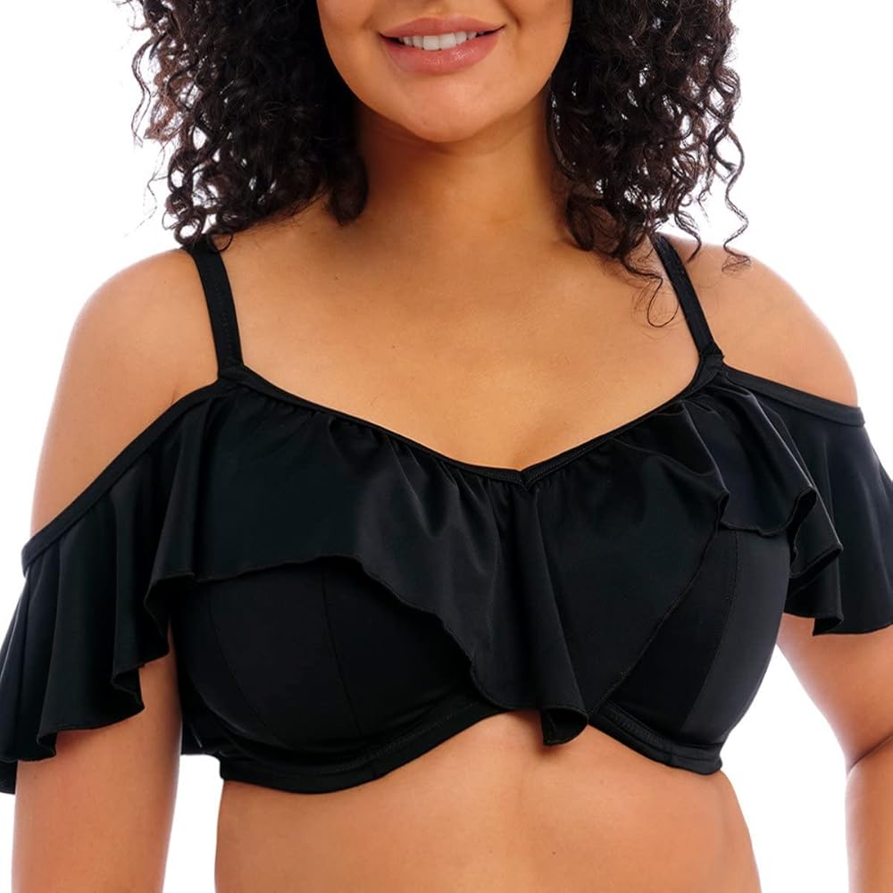 Elomi Plus Size Plain Sailing Ruffle Underwire Bikini Top 44DD, Black