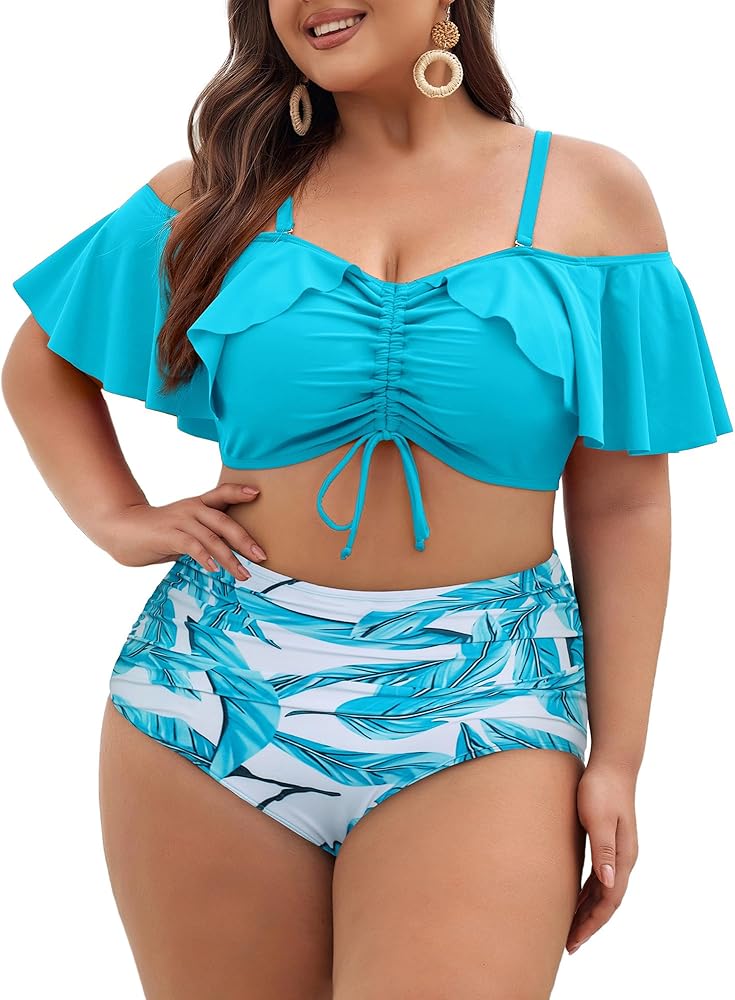 Hanna Nikole Plus-Size-Bikini Curvy Women Ruffle Drawstring Swimsuit 2 Piece Bathing Suit Ruched High Waisted Beach Vacation