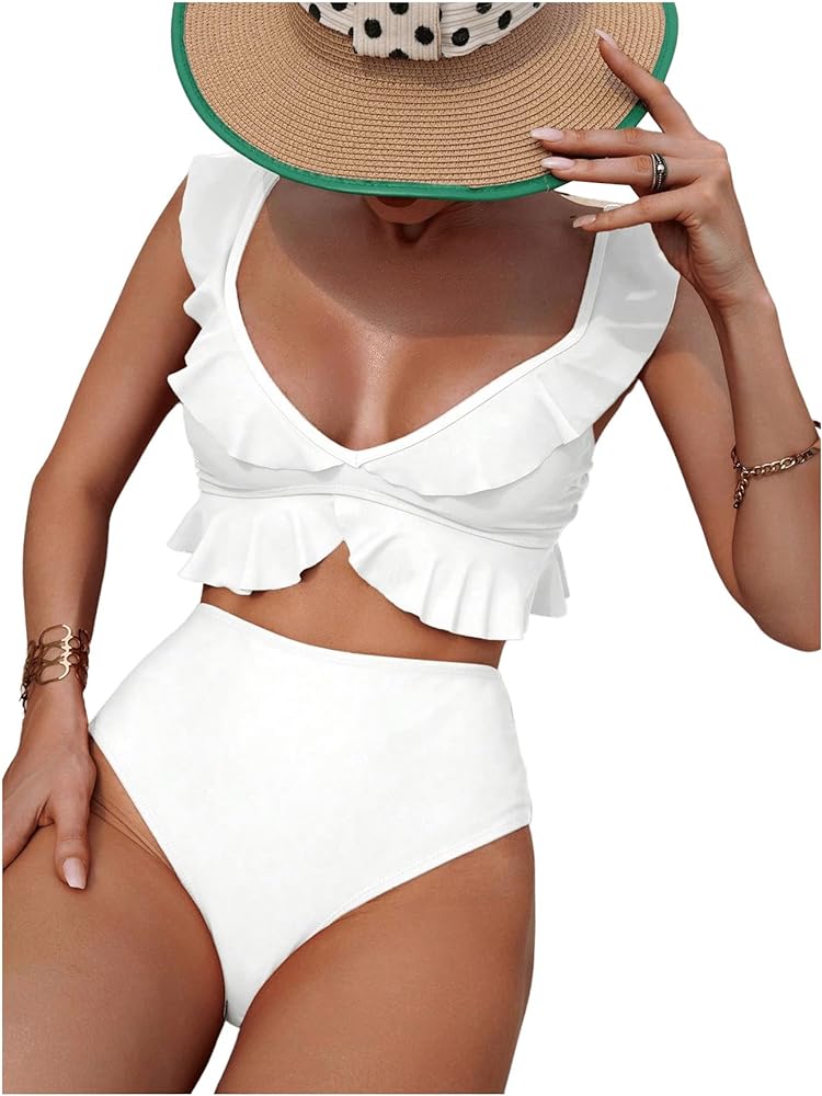 MakeMeChic Women's 2 Piece Bikini Set Ruffle Trim Bathing Suit V Neck Tie Back High Waisted Swimsuit