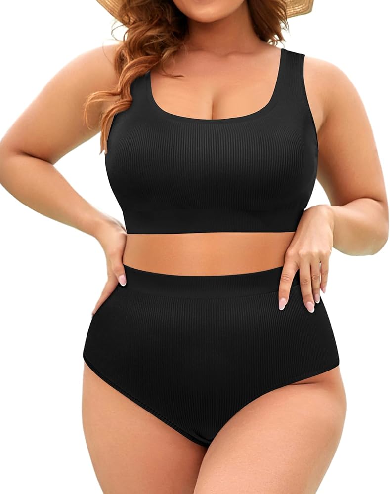 Tempt Me Women Plus Size High Waisted Bikini Set Tummy Control Two Piece Swimsuit Full Coverage Sporty 2 Piece Bathing Suits