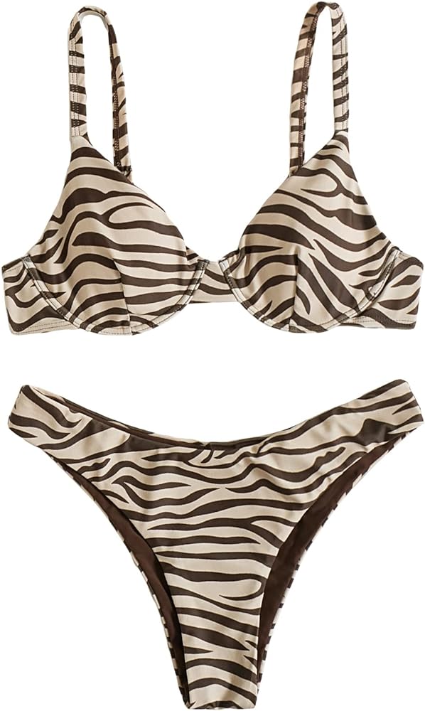 WDIRARA Women's Two Piece Swimsuit Zebra Stripe Underwire Spaghetti Strap Bikini Bathing Suit