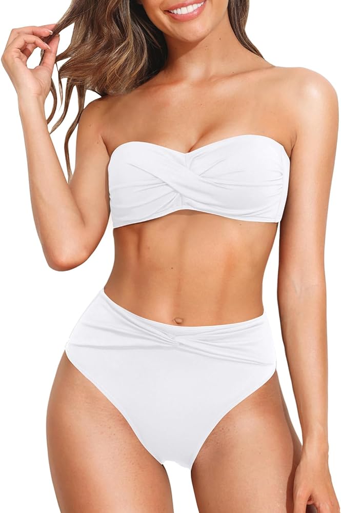 Tempt Me Women Bandeau Bikini Set Twist Strapless Two Piece Swimsuit High Cut High Waisted Bathing Suits