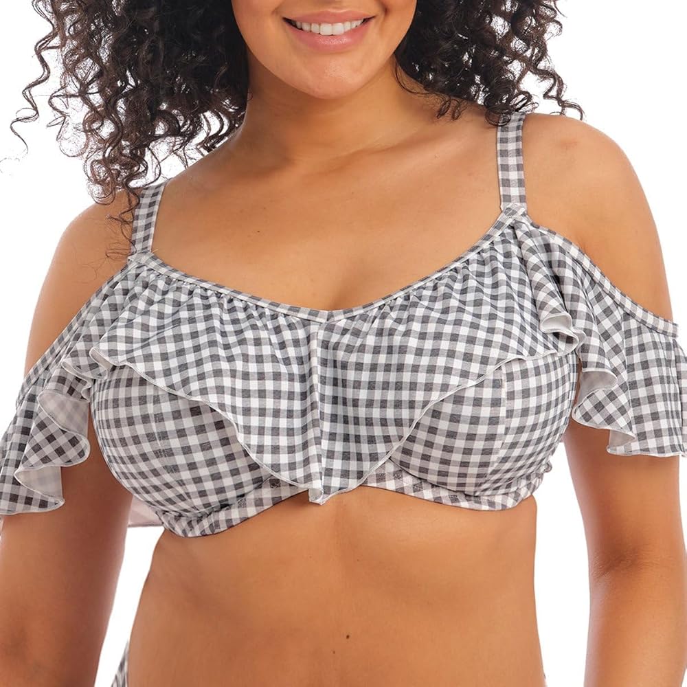 Elomi Plus Size Checkmate Ruffle Underwire Bikini Top 42F, Grey Marl