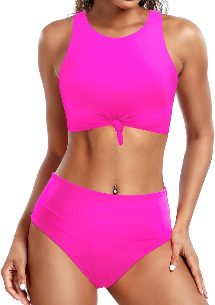 Tempt Me Women High Waisted Sporty Bikini Sets High Neck Two Piece Swimsuits Tie Knot Bathing Suits