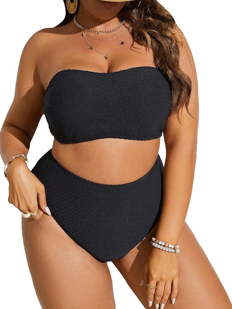 SOLY HUX Women's Plus Size Swimsuit Bandeau High Waisted Bikini Sets Two Piece Bathing Suits