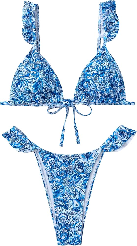 SHENHE Women's 2 Piece Ruffle Swimsuits Triangle Tie Back Paisley Print Thong Bikini Set