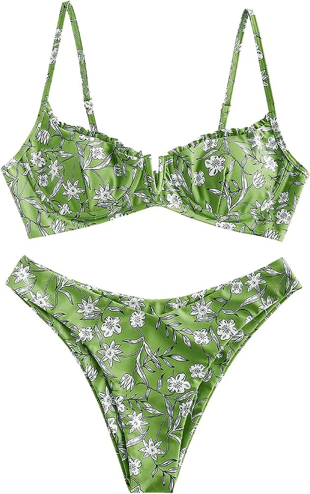 ZAFUL Women's Underwire Bikini Floral High Cut Bikini Set V-Wired Two Piece Swimsuit Bathing Suit