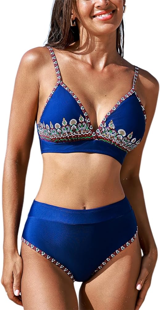 CUPSHE Women's Bikini Sets Two Piece Swinsuit Deep V Neck Cutout Back Mid Rise Adjustable Straps Swimwear