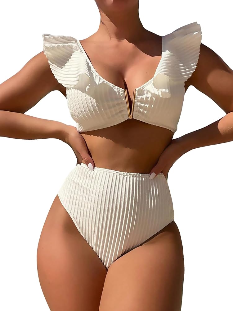 Women's 2 Piece Bikini Set Cute Ruffle Trim V Neck Bikini Triangle Set High Waisted Swimsuit Bathing Suit