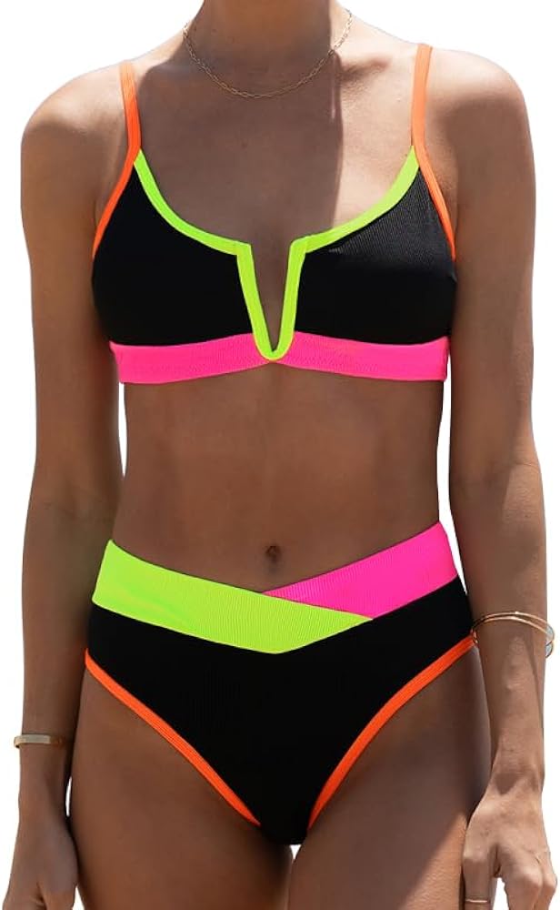 HYTENSUN Women's High Waisted Colorblock V Cut Bikini Ribbed V-Wired High Cut Cami Two Pieces Swimsuit