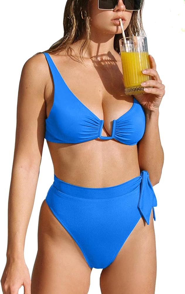 Women Two Piece Swimsuits Sexy U Wire Ruched High Waisted High Cut Full Coverage Bikini Set