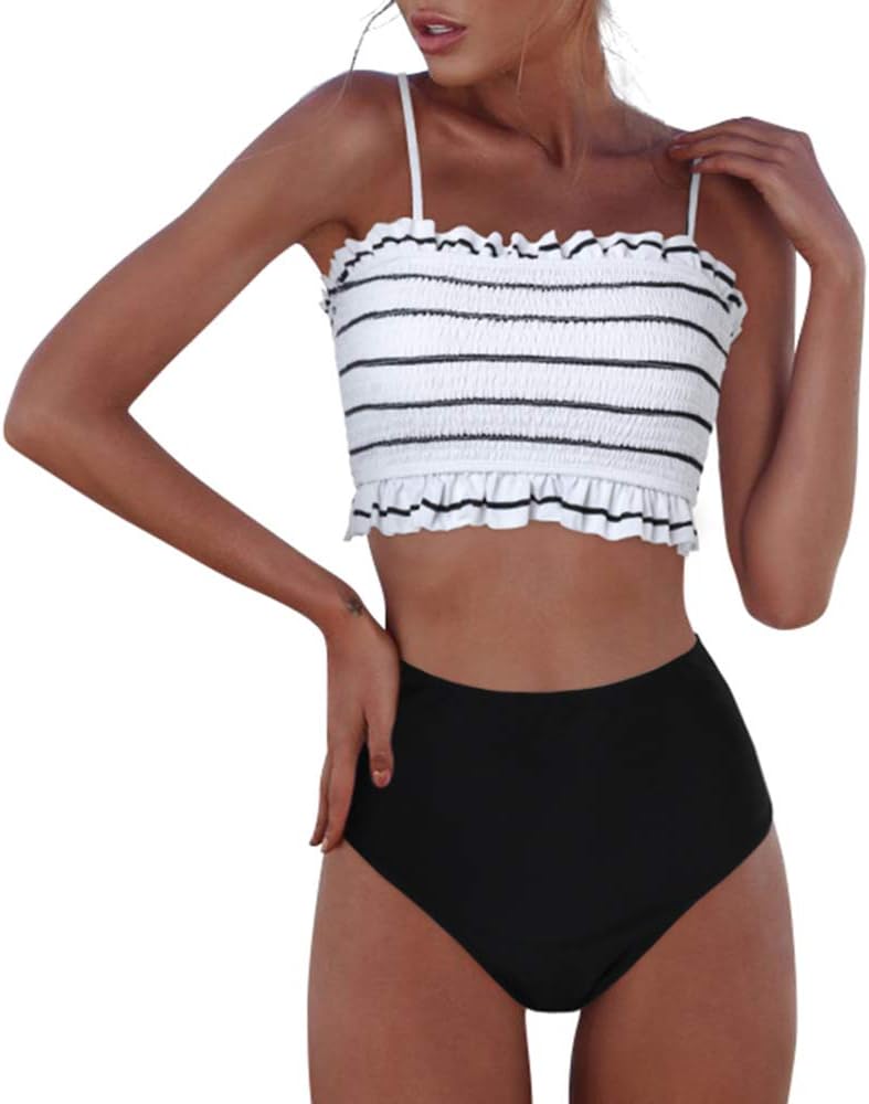 RXRXCOCO Womens Shirred Bandeau Bikini Cute Two Piece Swimsuit Off Shoulder High Waist Bathing Suit