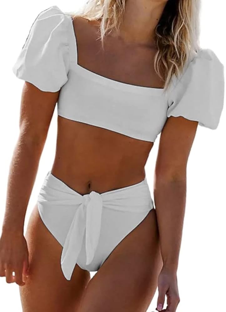 Dokotoo Womens 2024 Cute Solid Bubble Sleeves High Waisted Two Piece Bikini Swimsuit