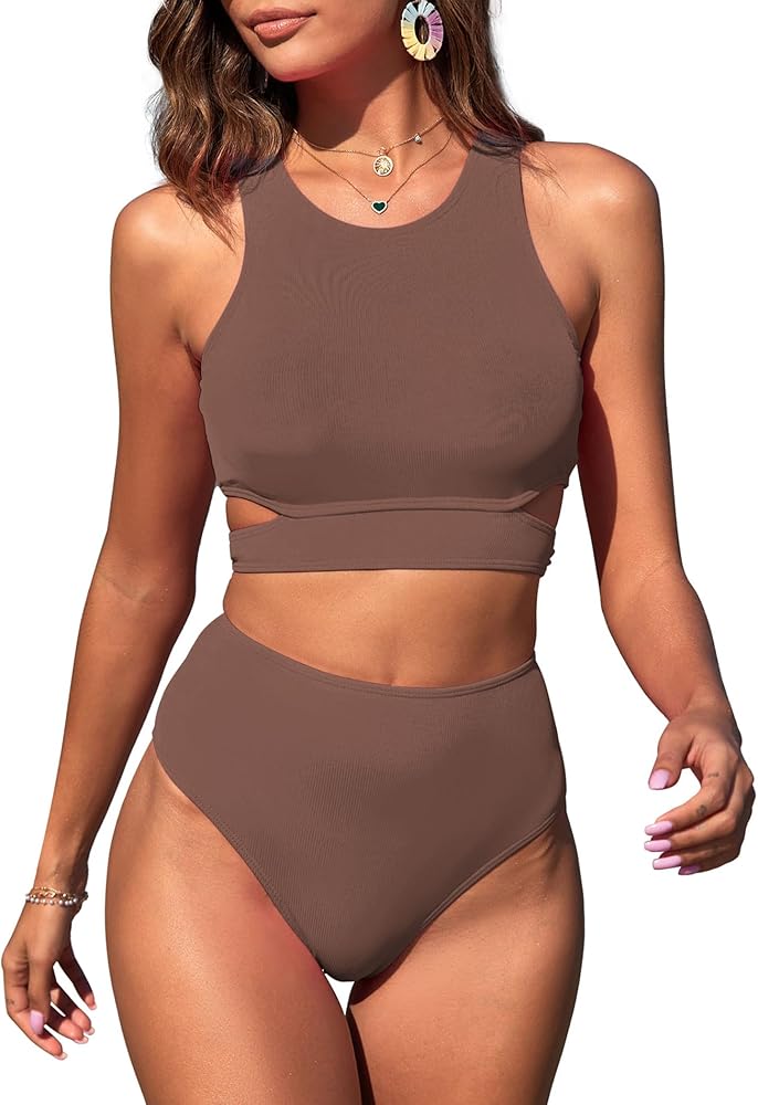 ZAFUL Women's Swimsuit Bikini Sets Two Piece Swimsuit Scoop Neck Tank Side Cutout Midkini Stitching