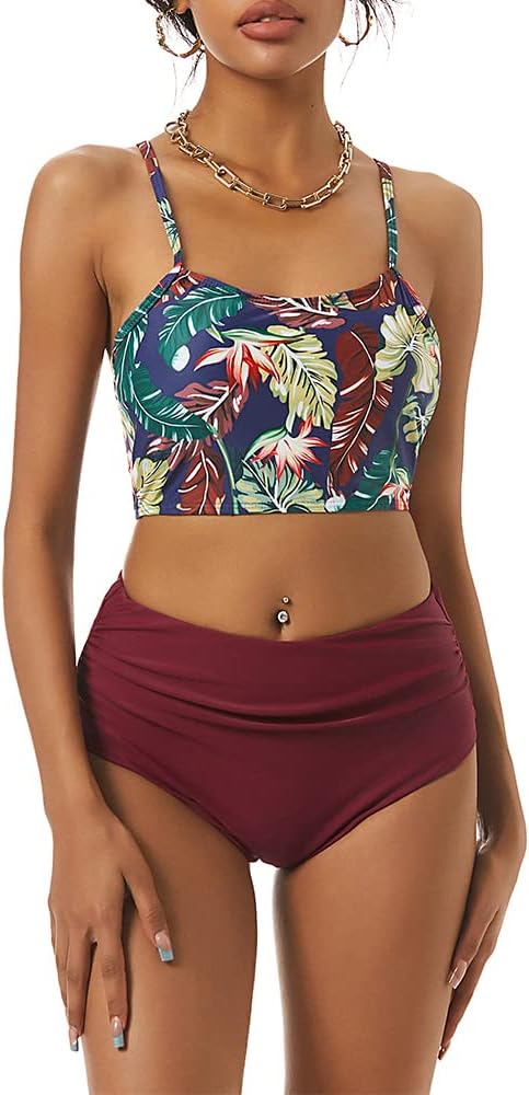 ZAFUL Women's Crisscross Ruched High Waisted Bottom Bikini Set Two Piece Swimsuit Tankini